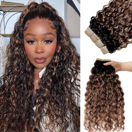 Ombre Tape in Hair Extensions Human Hair, Seamless Tape ins Balayage Natural Black to Blonde Highlighted Water Wave Hair Extensions Real Human Hair Tape in 22 Inch 50 Gram 20pcs