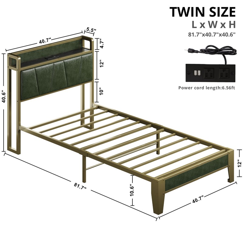 LIKIMIO Twin Bed Frame, Storage Headboard with Charging Station, Solid
