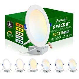 zouzai 8 Inch 18W Eqv 150W 1620LM 5CCT Ultra-Thin LED Recessed Ceiling Light with Junction Box, 2700K/3000K/3500K/4000K/5000K Selectable, 18W 1685 LM, Dimmable,- ETL and Energy Star Certified【6 Pack 】