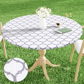 Smiry Round Picnic Tablecloth, Waterproof Elastic Fitted Table Covers for 18" - 24" Tables, Wipeable Flannel Backed Vinyl Tablecloths for Camping, Indoor, Outdoor, White & Dark Grey