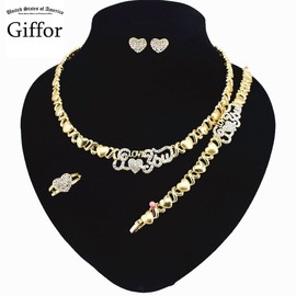 Giffor Collection 14K Gold Filled LOVE Necklaces Jewelry Set For Bridesmaid Wedding Jewelry Women Earrings Bracelet Rings Gifts 4PCS/Pack