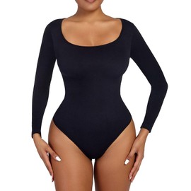 POBEC Women Bodysuit Tummy Control Shapewear Long Sleeve High Stretch Leotard Buttons Square Neck Thong Jumpsuit (Black, M)