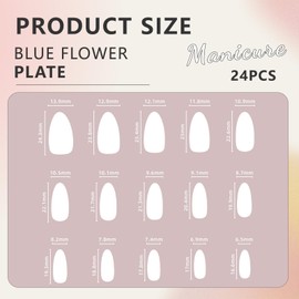 Cosmeria Almond Press On Nails Kit, Blaue Französische Spitzen Mit 3D Blumen, Wiederverwendbare Acrylnägel Mit Nagelfeile Und Jelly Glue Stickers