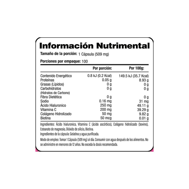Ácido Hialurónico 250mg | Con Vitamina C, Colágeno y Biotina