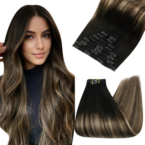 Ugeat 18 inch Clip in Hair Extensions Balayage Off Black