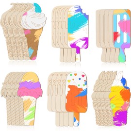Chunful 30 Pieces Ice Cream Wood Cutouts Crafts Bulk Color Your Own Ice Cream Cones Unfinished DIY Coloring Wooden Crafts Blank Wood Painting Kits for Summer Art Donut Party Favors, 6 Styles