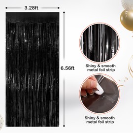 2 Pack Black Metallic Tinsel Foil Fringe Curtains, Door Streamers Photo Booth Backdrop for Birthday Party, Tinsel Curtain Backdrop for Baby Shower Bachelorette Christmas Party Decorations