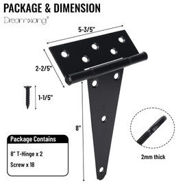 8 Inch T-Strap Gate Hinges, Heavy Duty Shed Barn Door Hinges, Black Tee Hinges for Wooden Fence, Yard Gate, Wrought Hardware Iron Rustproof (2 Pack)