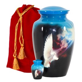 THE ASCENT MEMORIAL Urns for Human Ashes Adult Male Female | Handcrafted Large Funeral Urn | Complementary Small Keepsake Token | 2 Velvet Carry Bags for Urn and Keepsake Men Women