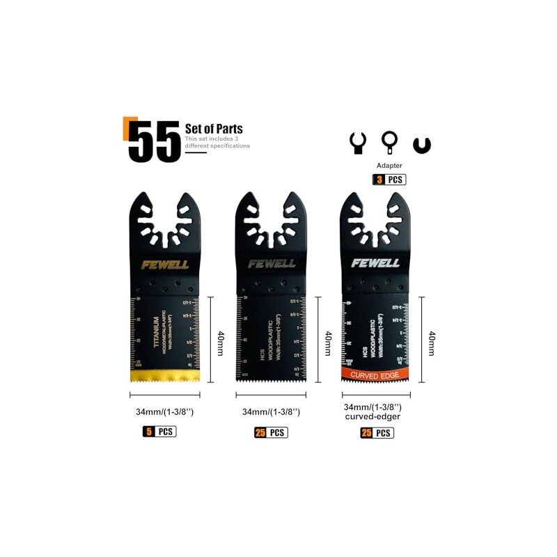 FEWELL 55PCS Oscillating Saw Blades, Universal Titanium Multitool Blades for