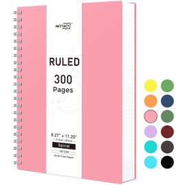 RETTACY A4 Lined Notebook, Thick Spiral Journal with 300 Perforated Pages/150 Tear Sheets for Writing,100gsm College-Ruled Paper, DIY Function Accessory, 21.5 x 27.9cm -Pink