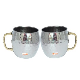 PARIJAT HANDICRAFT - Juego de 2 tazas de acero inoxidable Moscú Mule de capacidad de 16 onzas con mango de latón aislado para taza de café