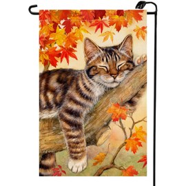 Cat Maple Leaves Fall Garden Flag 12x18 Inch Vertical Double Sided for Outside Thanksgiving Autumn Seasonal Farmhouse Holiday Burlap Yard Decoration QJ61