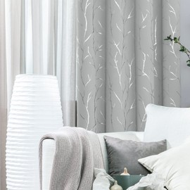 BUHUA Blackout Curtains 54 Inches Long, Branches Tree Print Pattern Room Darkening Curtain, Living Room Curtains & Drapes, Thermal Insulated Window Panel Set, 52 x 54 Inch, Silver Grey
