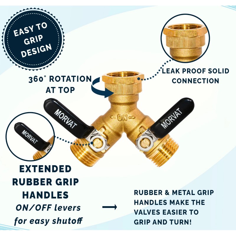 Morvat Heavy-Duty Brass 2-Way Garden Hose Splitter with Extended Metal