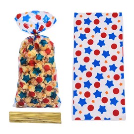LLK 50 PCS Multicolored Stars & Polka Dots Cellophane Treat Bags with 50 Twist Ties - 10.8 x 4.9 inches - Perfect for Birthday, Wedding, Anniversary Parties