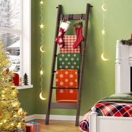 Hzuaneri Blanket Ladder for Living Room, Decorative Quilt Rack with 4 Removable Hooks, 6-Tier Farmhouse Ladder Holder Shelf Organizer for Bedroom, Black Tea Brown and Black BR31520B