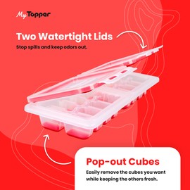 IceTopper Plus Ice Cube Tray with 2 Attached Lids - Easy Release Ice Cube Molds, 16 Cubes per Tray, Stackable & Dishwasher Safe, 100% Food Grade Silicone, BPA Free & Recyclable (2 Pack)
