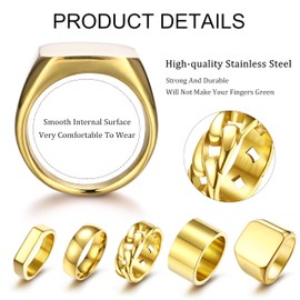 Sanfenly 5 PCS 14K Gold Rings for Men Mens Gold Ring Mens Stainless Steel Rings Square Signet Rings Pinky Thumb Ring Chunky Thick Band Cuban Link Chain Ring Cool Finger Ring Wedding Band Ring for Men（Size 7-15）