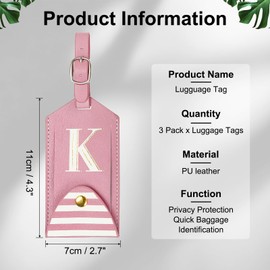 Luggage Tags, Initial Letter Travel Luggage Baggage Labels PU Leather Tag Holder Waterproof for Privacy Protection ID Suitcase Identifier Backpack (3 Pack, Pink K)
