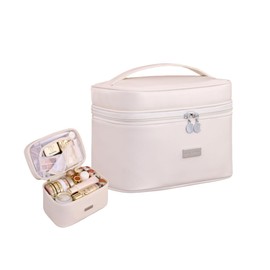 FLORPERRY Multi-functional Cosmetic Case Makeup Pouch Cosmetic Bag Multi-layer Portable Cosmetics Makeup Tool Storage Bag Toiletry Bag Waterproof Vanity Pouch Travel Business, white