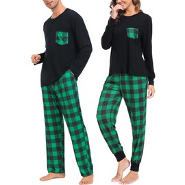 SWOMOG Couple Christmas Pjs Matching Sets Black And Red Plaid Pajama Pants Family Christmas Pajamas Matching Sets Holiday Pjs Christmas Loungewear Sleepwear