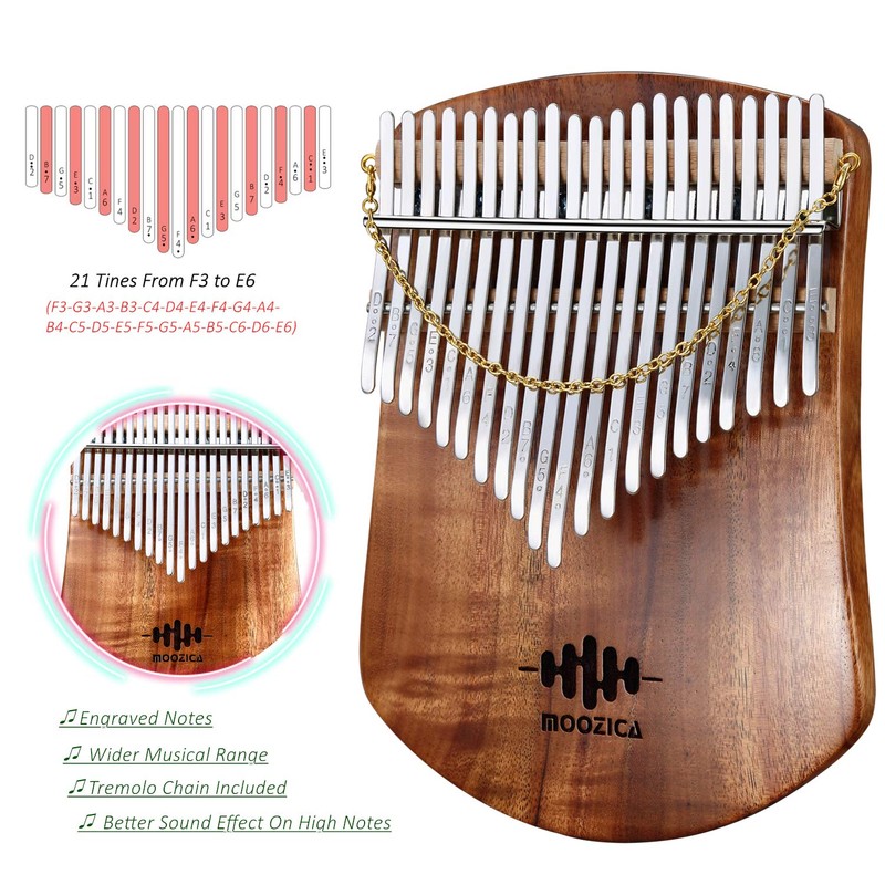 Moozica Kalimba 21 Keys Solid Koa Wood, Single Solid Wood