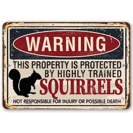 Metal Sign - Warning Property Squirrels - Durable Metal Sign - Use Indoor/Outdoor - Cute and Funny Garden Decor and Gift Under $20 (8" x 12")