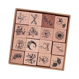VOANZO 16 Pieces Wooden Stamp Set, Decorative Wooden Stamp Combining Plants and Stars Stamp Set for DIY Crafts Card Making Calendar