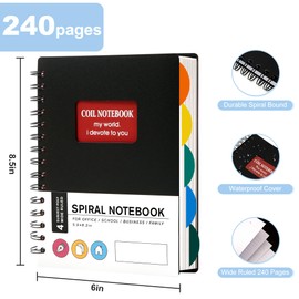 CAGIE Spiral Notebook A5 Wide Ruled 5 Subject Notebooks with Dividers Tabs for Work Wide Ruled 240 Pages Lined Journal Multi Subject Notebook for Note Taking, Back to School, Gifts, 6'' x 8'', Black