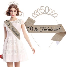 Amusingtao 50th Birthday Sash and Crystal Tiara, Gold 80'' Sash, Crown for 50th Birthday Party Women Gift Decorations Accessories