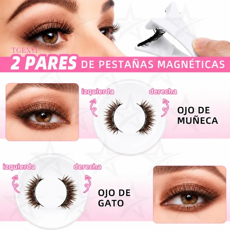 2 Pares Pestañas Magnéticas Natural Reutilizables +aplicador