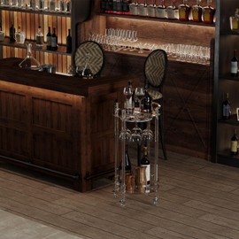 Eglaf Acrylic Bar Cart - Round Rolling Bar Cart - 2 Tiers Home Bar Serving Cart with Lockable Wheels, Glass Holders, for Bar, Living Room, Kitchen, 15.7" D x 15.7" W x 31.1" H, Clear