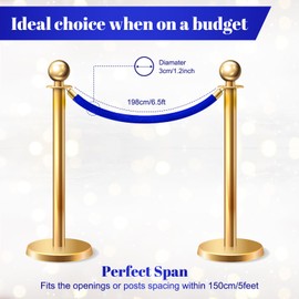 Fumete 6 Pieces Velvet Stanchion Rope Bulk 6.5 Feet Crowd Control Barriers Safety Velvet Rope with Polished Gold Hooks for Party Openings, Not Include Stanchion Post(Blue)