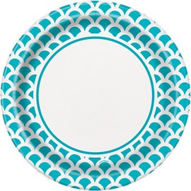 Unique Party 37205-23cm Teal & White Scallop Print Party Plates, Pack of 8, Paper