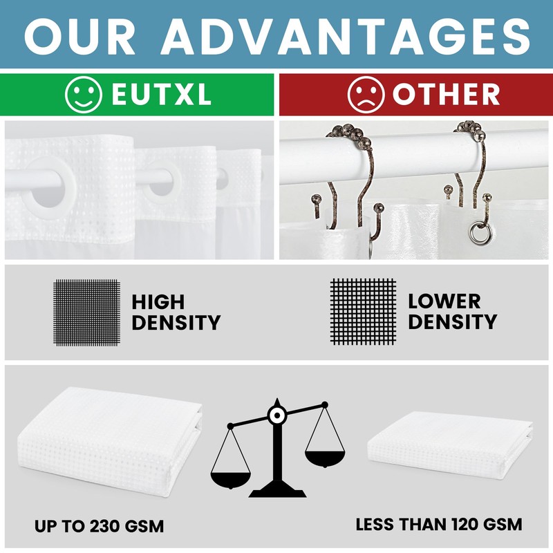 EUTXL Stall No Hook Shower Curtain with Snap in Liner,230GSM
