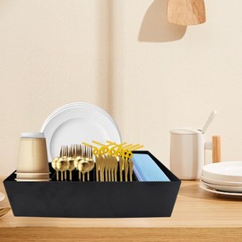 Paper Plate Organizer with Handle, Metal Paper Plate Holders, Utensil Caddy with 7 Compartments for Knives Cup Fork Spoon Napkin, Utensil Holder for Countertop Party Camping Picnic Outdoor