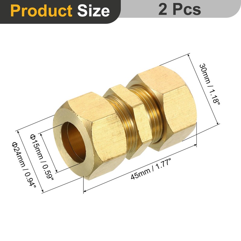 QUARKZMAN 2 Pieces Brass Compression Pipe Fitting, 15mm Pipe OD