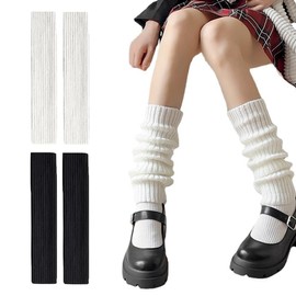 2 Pairs Knitted Leg Warmers for Women Girls, Leg Warmers 80s, Black Leg Warmers, White Leg Warmers, Winter Boot Cuffs Warm Knee Warmers, Lady Fashion Long Boot Cuff Knee Socks