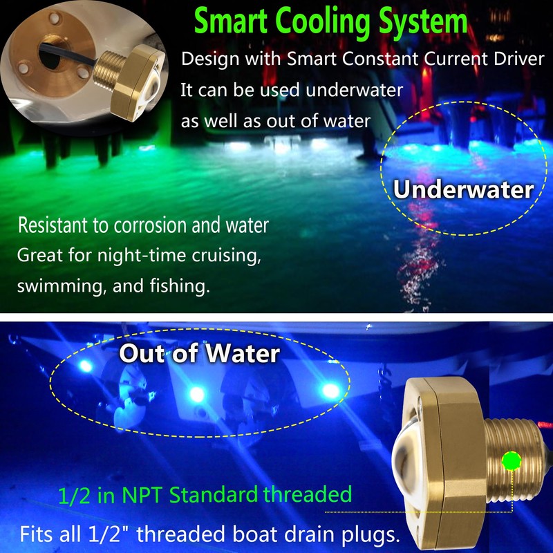 NBWDY 2Pcs Boat Drain Plug Light,RGBW IP68 Underwater Boat Lights