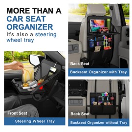 Car Backseat Organizer, 11-Pocket Storage with Tablet Holder, Back Seat Organizer with Tray & Detachable Top for Steering Wheel, Protector Kick Mats for Kids, Travel Accessories (2 Pack)