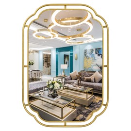 Fobule Rectangle Rounded Corner Wall Mirror, 18" x 26" Scalloped Antique Gold Decorative Mirror for Living Room, Bedroom, Entryway