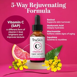 TruSkin Vitamin C Super Serum for Face - Five Skin Benefits in One Serum with Vitamin C, Retinol, Niacinamide, Hyaluronic Acid & Squalane - Brighten, Firm & Smooth the Look of Skin, 2 Fl Oz