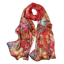 Women's 100% Mulberry Silk Scarf Floral Print Satin Long Scarf Wrap Shawl (ACY01)