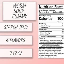 Sour Gummy Worms - Sour Worms - Assorted Gummy Candy - Delicious Sour Gummies Candy - 4 Flavors Strawberry, Lemon, Pineapple, Grape - 7.19 oz.