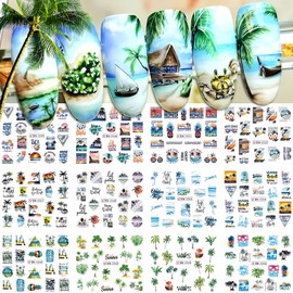 Beach Nail Art Stickers Decals Summer Nail Art Supplies Water Transfer Green Palm Sunshine Beach Sea Wave Design Cool Summer Day Nail Accessories DIY for Women Girls 12 Sheets