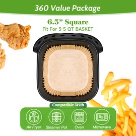 360 Pcs 6.5” Square Unbleached Heavy Duty Air Fryer Paper Liners Disposable, Non-Stick & Non-Leak Parchment Paper Liners for Airfryer Basket, Deep Fryer Parts & Accessories