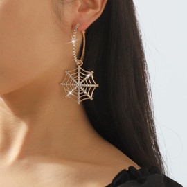 Halloween Spider Web Earrings for Women Large Gold Rhinestone Hoop Earrings Retro Goth Spider Drop Dangle Earrng Halloween Costume Party Exaggeration Accessories (Gold)