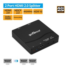 gofanco Compact 1x2 HDMI Splitter 4K 60Hz HDR – 4K @60Hz 4:4:4, 18Gbps, 4K to 1080p Scaling, HDR10, Supports Dolby Vision, HDCP 2.2, 3D, 2 Port, 1 in 2 Out (Splitter2P-HD20)
