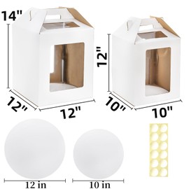 Pumtus 4 Pack Tall Cake Boxes in 2 Size, 10x10x12 & 12x12x14 Inch Tiered Cakes Carrier, Large Layer Cake Box with Window, Disposable Dessert Container with Cakes Board, Bakery Box for Birthday Wedding
